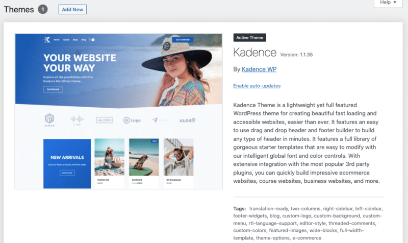 Kadence theme homepage for reference